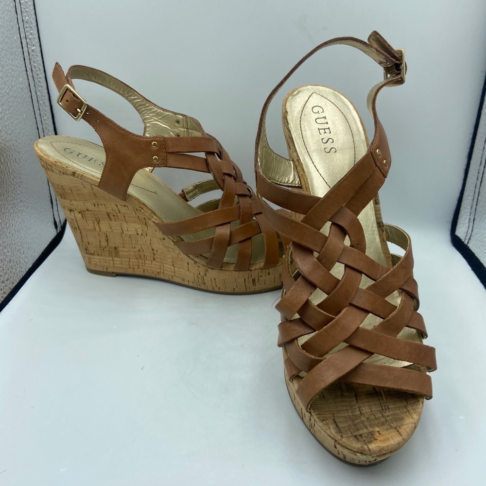 Women’s GUESS Brown Leather Strap Wedge Shoes Cork Heels Size 9M